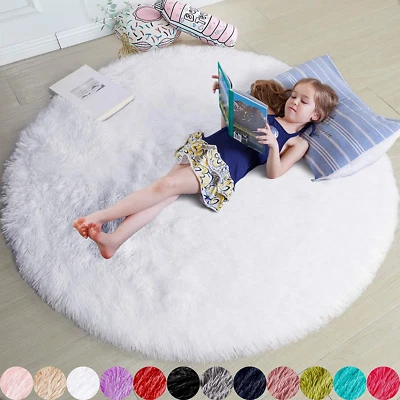 Amdrebio White Fluffy round Rug 4Ft for Bedroom Aesthetic, Washable Fuzzy Fur Ci - Image 1 of 4