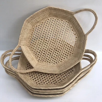 Vintage Thai Handicraft Wicker Rattan Tray Food Fruit Serving Octagon Shape X 5 - Image 1 of 4