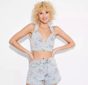 Wild Fable Women's M Medium Cropped Denim Vest Light Wash Floral Print Tank New - Picture 1 of 4