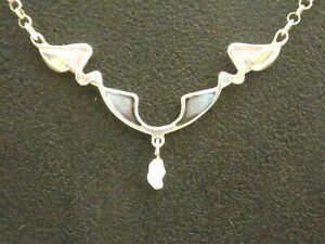 Sterling silver and enamel necklace with drop pearl PAT CHENEY swag design 