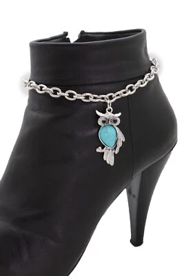 Mujeres Plata Metal Cadenas Bota Pulsera Zapato Turquesa Color Azul Búho Pájaro Dije Foto 1 de 4