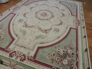 French 9x12 French  Pakistani  Pile Aubusson  Oriental Rug wool Green Rust Ivory - Picture 1 of 15