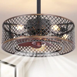 Caged Ceiling Fans with Lights Black Industrial Ceiling Fan with Light and Re... - Picture 1 of 9