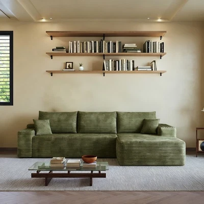 Sofá 107" verde deshuesado felpa pana en forma de L sofá seccional con silla derecha Foto 1 de 4