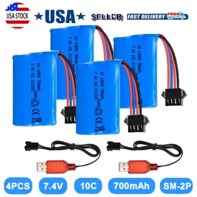 4x 7.4V 700mAh 10C Li-ion Battery Pack SM-4P Plug USB Charger for UDI902 RC Boat - Image 1 of 4