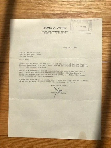 1 ORIGINAL Letter to Val Halamandaris/NAHC Fm: James A. Autry/Author, Businessmn Cover