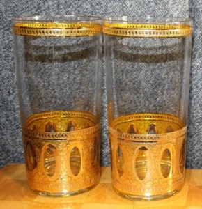 Culver Antigua Highball Glasses - Set Of 2 - MCM 24k Gold Cocktail Signed Culver - Picture 1 of 3