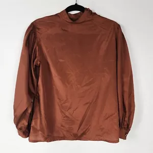 Vintage Brown Copper Flowy Satin Long Sleeve Blouse - Picture 1 of 4