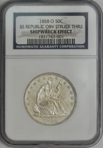 1858-O Seated Liberty Half 50c SS Republic Obv Struck Thru NGC 944047-67 - Afbeelding 1 van 4