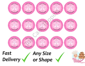 Erstkommunion rosa Tupfen essbar Cupcake Topper Zuckerguss Oblate oder Karte - Bild 1 von 2
