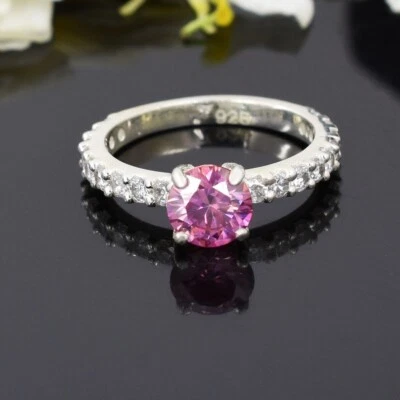 Сертифицированное кольцо из стерлингового серебра 925 пробы с натуральным розовым бриллиантом 1,2 карата VVS1 подарок на любовь - Изображение 1 из 4
