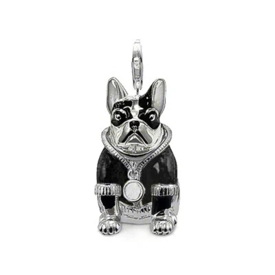 Bulldog Pendant Charm 925 Sterling Silver Black Enamel Gift Lobster Clasp - Image 1 of 4