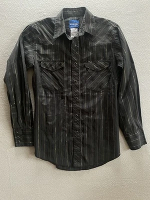 Wrangler Vintage Western Pearl Snap Shirt Men’s S Black Gold Pinstripe - Image 1 of 4