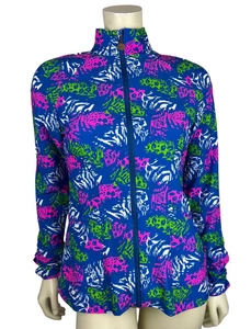 Tzu Tzu Sport Sasha Feather Party Print Jacket Size M Full Zip Pockets Ruched - Picture 1 of 11