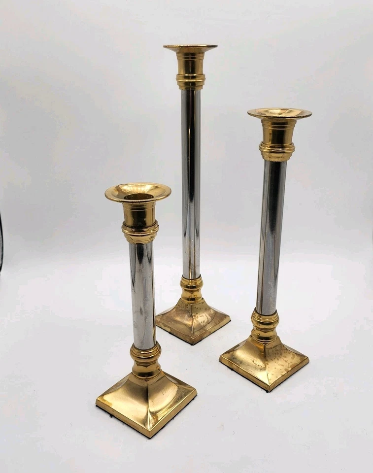 Juego de 3 Candelabros Vintage Latón y Acero Mediados de Siglo Diferentes Alturas Foto 1 de 4