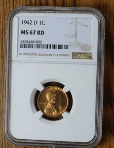 1942 D Lincoln cent graded by NGC MS 67 RD - Picture 1 of 2