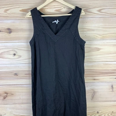 DKNY Linen Dress Medium Maxi V Neck Sleeveless Black Lagenlook - Image 1 of 4