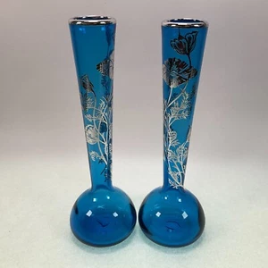 Silver City Flanders Peacock Blue Silver Overlay Bud Vases - Pair - Picture 1 of 7