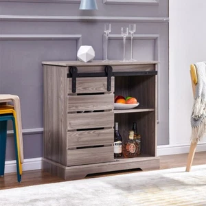 Retro Sliding Barn Door Sideboard with 2-Tier Shelves Storage Cabinet Kitchen - Picture 1 of 8