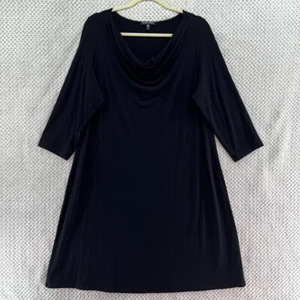 Eileen Fisher Dress Womens L Black Jersey Stretch Midi 3/4 Sleeve Draped Neck - Picture 1 of 12
