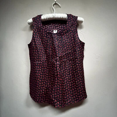 Nueva Blusa Talbots Azul Marino y Rojo Ladybug Seda Sin Mangas Plisado Cuello Talla PS Foto 1 de 4