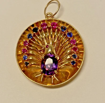 Peacock Pendant, 14K Yellow Gold & Gemstone, Purple, Pink & Blue, 15.4 Grams - Image 1 of 4