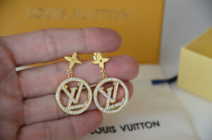 Louis Vuitton LV Logo Hoop Dangle Gold Earrings with Box