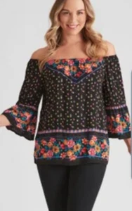 CROSSROADS Womens Black & Multicoloured Floral Peasant Top Off Shoulder Size S/M - Picture 1 of 11