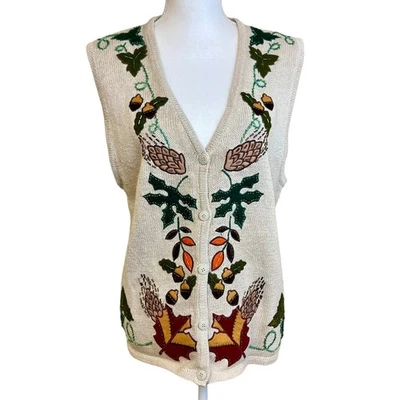 Vintage BOBBIE BROOKS Fall Thanksgiving Knit Button Front Sweater Sz M Vest Leaf - Image 1 of 4