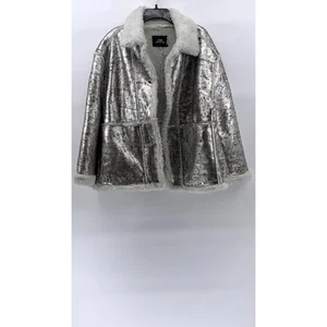 URBAN OUTFITTERS Women's Silver Metallic Faux-Fur Button-Down Coat SZ M - Picture 1 of 12