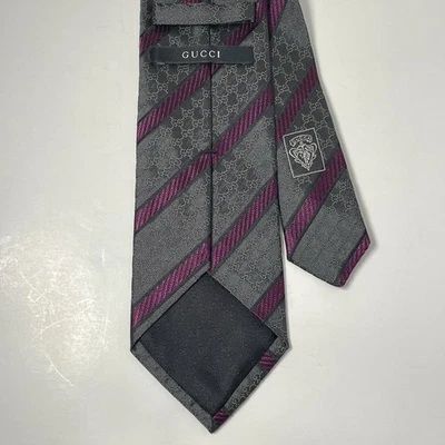 Gucci 100% Silk Tie Gray Purple GG Monogram Stripe Italy Crest Logo Designer - Image 1 of 4