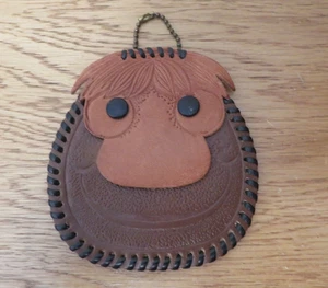 Vintage Leather Monkey Coin Purse Chain Key Ring Bag Charm Zippered Pocket 3.5" - Picture 1 of 6