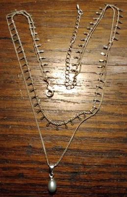 AVON Real Pearl Pendant Dbl Strand Silvertone Necklace Sign NVC 20" Paddle Chain - Image 1 of 4