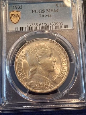 1932 PCGS MS64 Latvia 5 Lati (#55433903) - Image 1 of 4