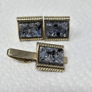 Vintage Cuff Links Tie Clip Set Gold Tone Blue Speckled Faux Color MCM Inlay - Picture 1 of 8