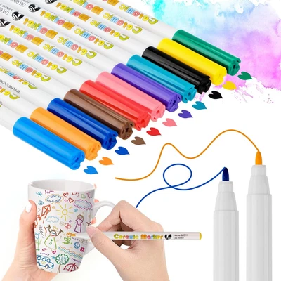 12 Farben Porzellanstifte Spülmaschinenfest - Glasmalstifte - Reinigungstücher - Bild 1 von 4