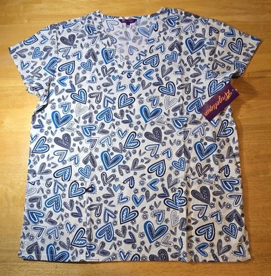 Angelique NEW Scrubs, White w/blue hearts, MEDIUM, $5 ship Each add item $1 ship - Image 1 of 4