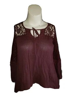 Junior's MUDD Dark Wine Boho Lace Crocheted 3/4 Sleeve Blouse size L #ST88 - Image 1 of 3