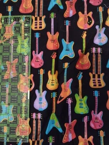 Cranston 100% Cotton Fabric Guitars on Black Background .44 yards x 44" wide - Picture 1 of 2