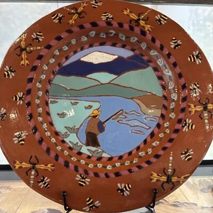 Freshwater Fishing Bees Dragonflies California Pottery Plate Signed REED @2002 - Picture 1 of 10