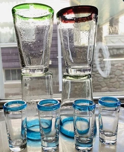 Mexican Color Rim Drinking Glass Shot Recycled Mix Hand Crafted Bubble Set-8 - Picture 1 of 19
