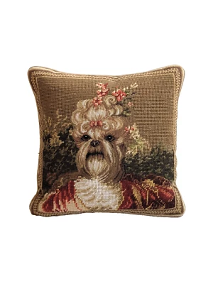 Ethan Allen Needlepoint Down Throw Pillow Anthropomorphic Dog Portrait Shih Tzu? - Image 1 of 4