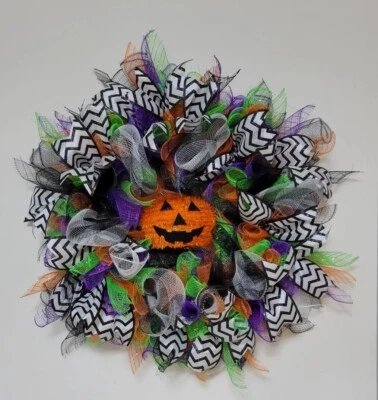 Fun Little Pumpkin WREATH Deco Mesh Front Door Wall Decor Decoration Halloween  Foto 1 de 4