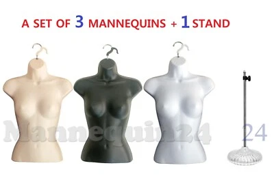 3 TORSO DRESS FORM  MANNEQUINS FEMALE  BLACK WHITE FLESH  +  1 STAND + 3 HANGERS - Image 1 of 4