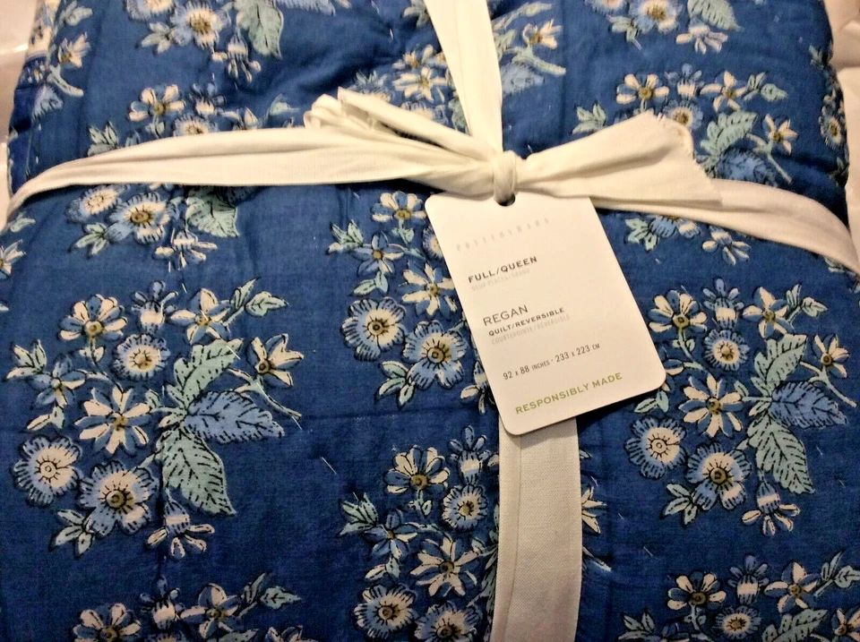 Pottery Barn F/Q Regan Handcrafted Quilt Blue NWT Block Print - Image 1 of 1