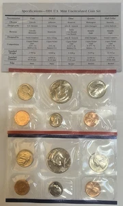 1991 P&D Mint Set Brilliant Uncirculated US with Envelope & COA (10 Coin Set) - Picture 1 of 4