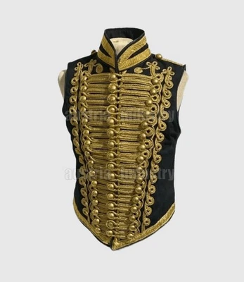 Men's Military Ceremonial  Black  Hussar Vest with Gold Braiding-Brass Buttons  - Image 1 of 4