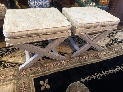 Vintage MCM Pair Of Billy Baldwin Style X Form Benches Ottomans Beige Grey - Image 1 of 4