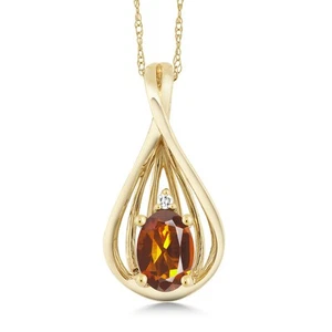10K Yellow Gold Orange Red Madeira Citrine and Diamond Teardrop Pendant - Picture 1 of 4