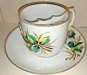 Victorian Hand Painted High Relief Gold-Gilt Floral Mustache Cup & Saucer  - Picture 1 of 8